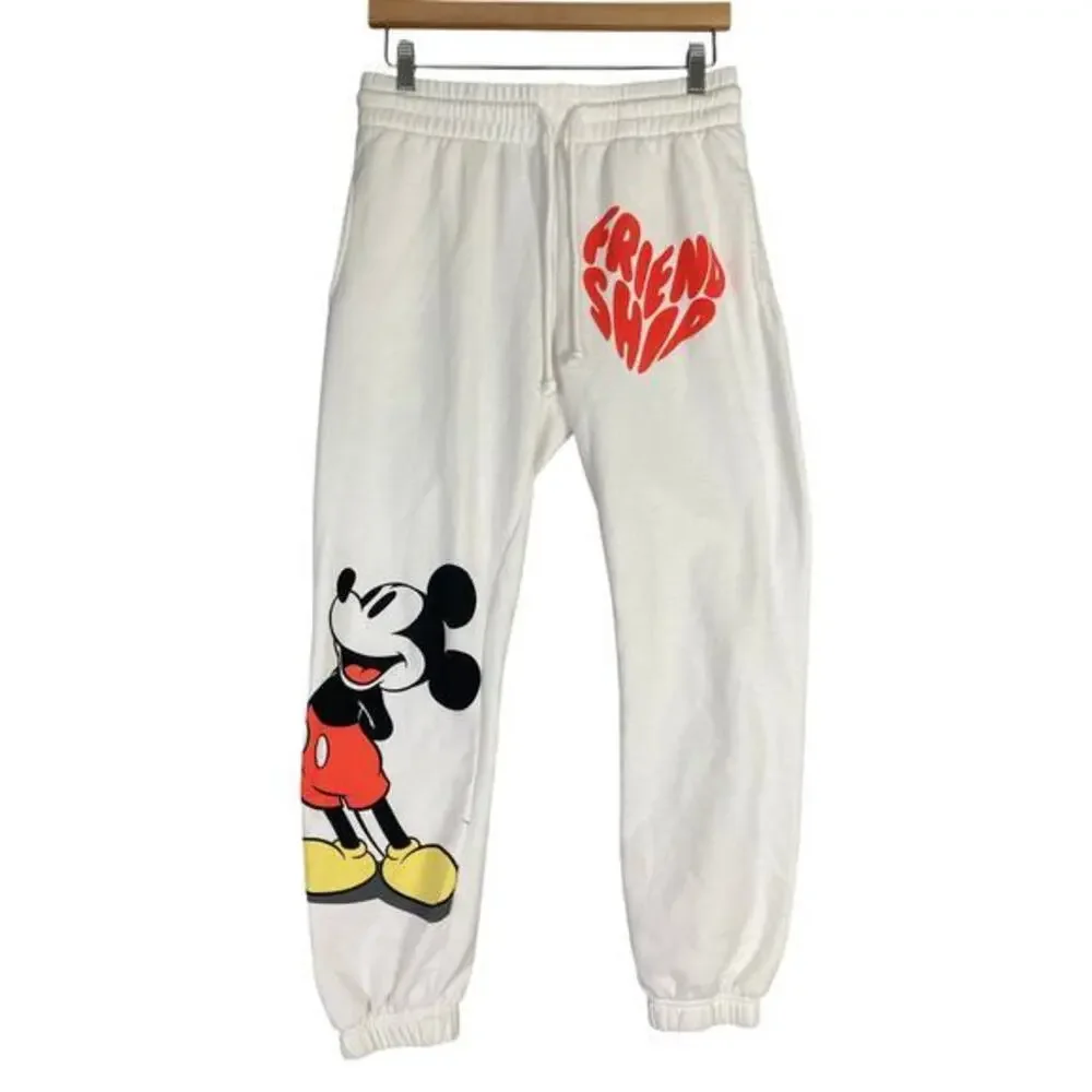 Disney Mickey Mouse Joggers Women M White Fleece Sweatpants Graphic Lounge